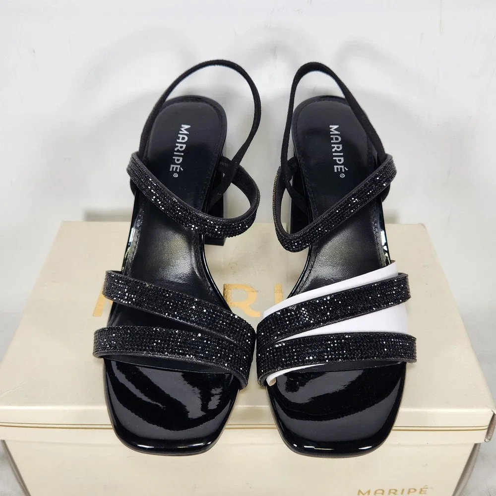 Maripe Lilyana Sandal Women Size 8.5 Black Crystal Embellished Block Heel Square